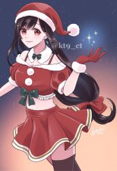 1girl bare_shoulders black_hair black_thighhighs bow bowtie breasts christmas cowboy_shot crop_top earrings final_fantasy final_fantasy_vii final_fantasy_vii_remake fur-trimmed_gloves fur-trimmed_headwear fur_trim gloves green_bow hair_ribbon hand_up hat highres jewelry kt9_ct lips long_hair low-tied_long_hair medium_breasts midriff off-shoulder_shirt off_shoulder open_hand red_eyes red_gloves red_hat red_ribbon red_skirt ribbon santa_costume santa_hat shirt short_sleeves signature single_earring single_sidelock skirt sky smile solo sparkle star_(sky) starry_sky swept_bangs thighhighs tifa_lockhart twitter_username watermark zettai_ryouiki