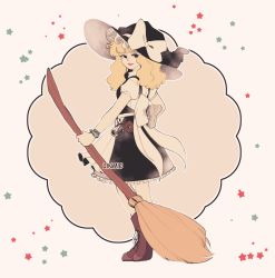 Rule 34 | 1girl, apron, artist name, back bow, bad id, bad pixiv id, black dress, blonde hair, boots, bow, broom, brown footwear, cross-laced footwear, dress, frilled apron, frilled dress, frills, hand on own hip, hat, hat bow, highres, holding, holding broom, kirisame marisa, linmiee, medium hair, mini-hakkero, outline, shirt, star (symbol), touhou, waist apron, white background, white bow, white shirt, witch hat, wristband