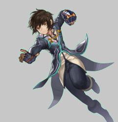 Rule 34 | 1boy, absurdres, black gloves, brown eyes, brown hair, closed mouth, fingerless gloves, gloves, grey background, highres, jude mathis, male focus, neko sheep, simple background, solo, stance, tales of (series), tales of xillia, weapon