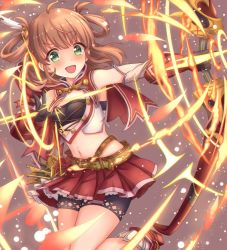 Rule 34 | 1girl, belt, blush, bow, bow (weapon), brown hair, capelet, detached sleeves, fire, gatchapowa, gloves, glowing, green eyes, hair ornament, hair rings, holding, holding bow (weapon), holding weapon, looking at viewer, medium hair, midriff, navel, open mouth, princess connect!, rino (princess connect!), short shorts, shorts, shorts under skirt, simple background, solo, weapon