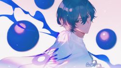 Rule 34 | 1boy, :|, arjuna (fate), artist name, back, black eyes, black hair, cape, closed mouth, dark-skinned male, dark skin, expressionless, fate/grand order, fate (series), hair between eyes, highres, light particles, looking at viewer, looking back, male focus, solo, sqloveraven, upper body, weibo watermark, white cape