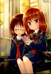 Rule 34 | 2girls, absurdres, black legwear, black sailor collar, black serafuku, black shirt, black skirt, blush, briefcase, brown hair, building, cellphone, cherry blossoms, closed eyes, closed mouth, cloud, collarbone, commentary request, evening, glasses, hair between eyes, hair ribbon, highres, holding, holding phone, long sleeves, multiple girls, necktie, open mouth, original, pantyhose, phone, pleated skirt, purple eyes, red neckwear, ribbon, sailor collar, school briefcase, school uniform, serafuku, shirt, sitting, skirt, sky, skyscraper, sleeping, sleeves past wrists, smile, spring (season), teeth, train interior, upper teeth only, window, yellow ribbon, yukino minato