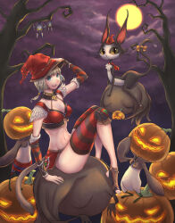 Rule 34 | 1girl, absurdres, adventurer (ff11), bare tree, bat (animal), black socks, blonde hair, blue eyes, breasts, brown tail, cactus41747280, cait sith (ff11), cat, cat girl, cat tail, cleavage, final fantasy, final fantasy xi, full moon, halloween, hat, highres, jack-o&#039;-lantern, mandragora (final fantasy), medium breasts, midriff, mithra (ff11), moon, navel, open mouth, pumpkin, red headwear, short hair, sitting, smile, socks, striped, tail, toeless footwear, tree, witch hat