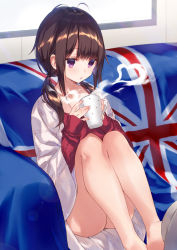 Rule 34 | 1girl, bare legs, blush, brown hair, couch, cup, holding, holding cup, holding mug, indoors, knees up, legs together, mug, original, purple eyes, sidelocks, sitting, sleeves past wrists, solo, steam, sushikuugo (suisen), thighs, twintails, union jack