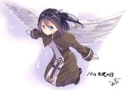 Rule 34 | 1girl, angel, angel wings, artist name, black hair, blue eyes, check commentary, commentary request, dated, eyebrows, gloves, hair ribbon, kyoo-kyon (kyo-kyon), long sleeves, looking at viewer, original, ribbon, side ponytail, solo, suzunari shizuku, white gloves, wings, yuki arare