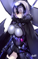 Rule 34 | 1girl, armor, black thighhighs, breasts, cape, chain, fate/grand order, fate (series), flag, fur trim, gauntlets, highres, jeanne d&#039;arc (fate), jeanne d&#039;arc alter (avenger) (fate), jeanne d&#039;arc alter (avenger) (first ascension) (fate), jeanne d&#039;arc alter (fate), large breasts, onoderaonoderao, sheath, sheathed, simple background, smile, solo, sword, thighhighs, weapon, white background