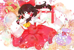 Rule 34 | 1girl, arch, ascot, bare shoulders, black hair, bow, detached sleeves, floral background, floral print, flower, frilled skirt, frills, gohei, hair bow, hair tubes, hakurei reimu, looking at viewer, looking to the side, mallet, owannu, petals, ponytail, red skirt, ribbon-trimmed sleeves, ribbon trim, skirt, sleeveless, smile, solo, torii, touhou, vest, white background