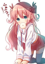 Rule 34 | 1girl, all fours, black thighhighs, blue eyes, blue hair, blush, closed mouth, drawstring, food in mouth, gradient hair, hair between eyes, highres, long hair, long sleeves, looking at viewer, mouth hold, multicolored hair, original, pink hair, pk (mukasihasakana), pleated skirt, red skirt, sailor collar, school uniform, serafuku, shirt, simple background, skirt, solo, thighhighs, translation request, two side up, very long hair, white background, white sailor collar, white shirt