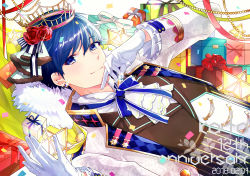 Rule 34 | 1boy, alternate costume, arm up, artist name, ascot, blue eyes, blue hair, blue ribbon, blush, box, brown vest, character name, closed mouth, confetti, crown, dated, dutch angle, flower, food, frilled sleeves, frills, fur trim, gari (apollonica), gift, gift box, glint, gloves, hair flower, hair ornament, highres, holding, ice cream, jacket, kaito (vocaloid), long sleeves, looking at viewer, lying, male focus, neck ribbon, on back, open clothes, open jacket, red flower, red rose, ribbon, rose, smile, solo, upper body, vest, vocaloid, white gloves, white jacket