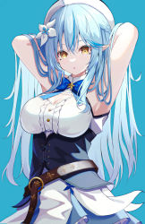 Rule 34 | 1girl, absurdres, ahoge, armpits, arms behind head, arms up, bare arms, blue background, blue bow, blue bowtie, blue hair, bow, bowtie, breasts, cleavage, cleavage cutout, clothing cutout, corset, elf, flower, hair between eyes, hair flower, hair ornament, half updo, hands in hair, highres, hololive, large breasts, long hair, looking at viewer, multicolored hair, parted lips, pension z, pointy ears, shirt, sleeveless, sleeveless shirt, solo, streaked hair, very long hair, virtual youtuber, white headwear, white shirt, yellow eyes, yukihana lamy