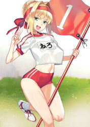 Rule 34 | 10s, 1girl, :d, ankle socks, blonde hair, blouse, blurry, bokeh, braid, breasts, buruma, character name, clothes writing, depth of field, fate/extra, fate/grand order, fate (series), flag, french braid, from side, green eyes, grey sky, gym uniform, hair bun, hair intakes, head tilt, headband, looking at viewer, navel, nero claudius (fate), nero claudius (fate) (all), nero claudius (fate/extra), nero claudius (olympian bloomers) (fate), official alternate costume, open mouth, outdoors, shirt, single hair bun, sky, smile, socks, solo, subachi, teeth, thighs, underwear, upper teeth only, v, white shirt, white socks