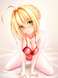 Rule 34 | 10s, 1girl, :t, ahoge, blonde hair, blush, bra, breasts, cleavage, fate/extra, fate/grand order, fate (series), green eyes, large breasts, looking at viewer, navel, nero claudius (fate), nero claudius (fate) (all), nero claudius (fate/extra), panties, pouty lips, red bra, red panties, seiza, short hair, sitting, smile, solo, tape de banana, underwear