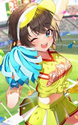 Rule 34 | 1girl, absurdres, aqua eyes, bird, blurry, blurry background, breasts, brown hair, cheerleader, collarbone, confetti, cowboy shot, duck, from side, highres, hololive, lens flare, looking at viewer, medium breasts, midriff, miniskirt, narita tamezou, navel, one eye closed, oozora subaru, open mouth, pleated skirt, pom pom (cheerleading), shirt, short hair, skirt, smile, stadium, subaru duck, tied shirt, v-neck, virtual youtuber, visor, whistle, whistle around neck