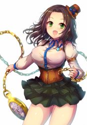 Rule 34 | 10s, 1girl, arm garter, blush, breasts, brooch, brown hair, chain, corset, covered erect nipples, female focus, frilled skirt, frills, green eyes, green skirt, hat, idolmaster, idolmaster cinderella girls, jewelry, kara (color), large breasts, looking at viewer, mini hat, mini top hat, miniskirt, open mouth, oversized object, pocket watch, skirt, smile, solo, soma natsumi, top hat, watch