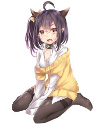 Rule 34 | 1girl, ahoge, azur lane, black hair, black pantyhose, bow, breasts, brown eyes, cleavage, commentary request, full body, furumiya neko, hair bow, hair ribbon, highres, horns, isuzu (azur lane), looking at viewer, medium breasts, one side up, oni horns, open mouth, pantyhose, pointy ears, ribbon, short hair, side ponytail, simple background, sitting, sleeves past wrists, solo, wariza, white background