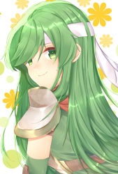Rule 34 | 1girl, armor, closed mouth, edamameoka, fire emblem, fire emblem: mystery of the emblem, floral background, green eyes, green hair, headband, highres, long hair, looking at viewer, looking back, nintendo, palla (fire emblem), shoulder armor, smile, solo, swept bangs, upper body, white headband