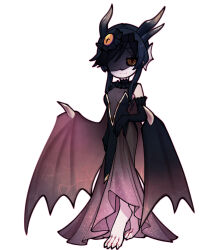 Rule 34 | 1girl, aknsnmg, barefoot, black dress, black gloves, black hair, black veil, breasts, clawed feet, claws, cleavage cutout, closed mouth, clothing cutout, dragon horns, dragon wings, dress, elbow gloves, fatalis, fins, gloves, gold trim, head fins, highres, horns, medium breasts, monster hunter (series), personification, short hair, slit pupils, smile, solo, veil, white background, wings, yellow eyes