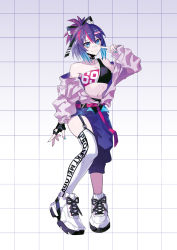 Rule 34 | 1girl, asymmetrical legwear, bandaid, bandaid on face, belt, black bow, black gloves, blue eyes, blue hair, bow, character name, fingerless gloves, full body, gloves, gradient hair, hair bow, highres, indie virtual youtuber, jacket, looking at viewer, melody (projektmelody), multicolored hair, nail polish, navel, off shoulder, official alternate costume, official art, pink belt, pointing, pointing at self, puppeteer7777, purple hair, purple jacket, shoes, single strap, single thighhigh, smile, sneakers, solo, standing, strapless, thighhighs, transparent background, tube top, uneven legwear, virtual youtuber, vshojo, white thighhighs