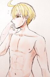 Rule 34 | 1boy, abs, ahoge, blonde hair, final fantasy, final fantasy tactics, head tilt, kujiramza, male focus, navel, nipples, ramza beoulve, simple background, solo, stomach, topless male, towel, upper body, yellow eyes