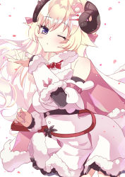 Rule 34 | 1girl, absurdres, animal ears, belt pouch, blonde hair, blowing kiss, bow, bowtie, breasts, brooch, cape, chierishu, detached sleeves, dress, fur-trimmed cape, fur-trimmed dress, fur trim, hair ornament, hairclip, heart, highres, hololive, horns, jewelry, long hair, looking at viewer, nail polish, one eye closed, pouch, purple eyes, ribbed sleeves, sheep ears, sheep girl, sheep horns, sleeveless, sleeveless dress, solo, tsunomaki watame, tsunomaki watame (1st costume), two-sided cape, two-sided fabric, very long hair, virtual youtuber