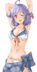 Rule 34 | 1girl, ahoge, armpits, arms up, bikini, breasts, cleavage, cowboy shot, hair flaps, highres, kantai collection, large breasts, looking at viewer, low twintails, maonatten, one eye closed, purple hair, red eyes, sarong, simple background, solo, swimsuit, taigei (kancolle), twintails, two-tone bikini, white background