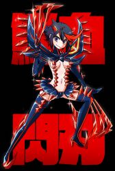 Rule 34 | 10s, 1girl, alternate costume, baachamu, black hair, boots, breasts, claw (weapon), dual wielding, holding, kill la kill, matoi ryuuko, microskirt, midriff, multicolored hair, navel, red hair, revealing clothes, senketsu, short hair, skirt, solo, spikes, symbol-shaped pupils, thigh boots, thighhighs, toeblade, two-tone hair, underboob, weapon