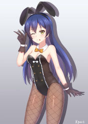 Rule 34 | 10s, 1girl, animal ears, bare shoulders, black gloves, black pantyhose, blue hair, blush, bow, bowtie, breasts, cleavage, commentary request, covered navel, cowboy shot, detached collar, fake animal ears, fishnet pantyhose, fishnets, gloves, hair between eyes, highres, leotard, long hair, looking at viewer, love live!, love live! school idol project, medium breasts, one eye closed, pantyhose, playboy bunny, rabbit ears, red plate (kyuu45), simple background, smile, solo, sonoda umi, standing, strapless, wrist cuffs, yellow eyes