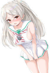 Rule 34 | 1girl, blush, breasts, brown eyes, conte di cavour (kancolle), cosplay, dress, embarrassed, grey hair, highres, kantai collection, large breasts, libeccio (kancolle), libeccio (kancolle) (cosplay), long hair, neckerchief, open mouth, sailor dress, simple background, sleeveless, solo, striped clothes, striped dress, striped neckerchief, striped neckwear, sweatdrop, takomeshi, thighs, two side up, white background, white dress