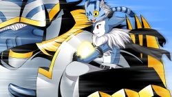 Rule 34 | ancientgarurumon, armor, claws, digimon, fang, looking at another, smile, strabimon, tail, wanyamon