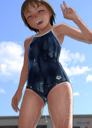 Rule 34 | 1girl, ^ ^, arena (company), armpits, artist name, backlighting, blue one-piece swimsuit, blue sky, blurry, breasts, brown hair, building, closed eyes, clothes writing, cloud, commentary request, competition school swimsuit, cowboy shot, depth of field, from below, highres, logo, mole, mole under eye, mu-pyon, one-piece swimsuit, one-piece tan, original, school swimsuit, short hair, sky, small breasts, solo, swimsuit, tan, tanline, teeth, thighs, upper teeth only, v, wet, wet clothes, wet swimsuit