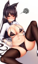 Rule 34 | 1girl, absurdres, animal ear fluff, animal ears, ass, atago (azur lane), atago (stunning speedster) (azur lane), azur lane, bikini, black bikini, black hair, breasts, brown thighhighs, cameltoe, cleavage, commentary request, extra ears, hair ribbon, high heels, highres, large breasts, long hair, long sleeves, looking at viewer, navel, orange eyes, race queen, reclining, ribbon, shrug (clothing), solo, spread legs, squiggle, stomach, string bikini, swimsuit, taitai, thighhighs, very long hair, wing collar, wrist cuffs