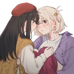 Rule 34 | 2girls, beret, black hair, blonde hair, blush, brown sweater vest, closed mouth, commentary request, hair ornament, hairclip, hat, highres, inoue takina, jacket, long hair, long sleeves, lycoris recoil, multiple girls, nervous sweating, nishikigi chisato, one side up, parted lips, purple eyes, purple jacket, red eyes, red headwear, shirt, short hair, sidelocks, simple background, sweat, sweater vest, white background, white shirt, yarou (0tyaro), yuri