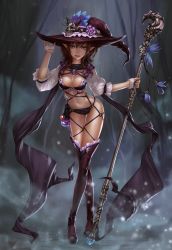 Rule 34 | 1girl, bad id, bad pixiv id, black thighhighs, boots, breasts, brown hair, cleavage, fantasy, full body, highres, large breasts, lips, long hair, ml.e, navel, original, pointy ears, purple eyes, solo, staff, thigh boots, thighhighs, witch
