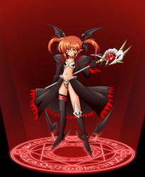 Rule 34 | 00s, 1girl, alternate color, alternate costume, alternate weapon, asymmetrical clothes, brown hair, collar, dark persona, lyrical nanoha, magic circle, mahou shoujo lyrical nanoha, octagram, raising heart, red background, single thighhigh, solo, takamachi nanoha, thighhighs, twintails, weapon, white devil, wings, yellow eyes