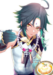 Rule 34 | 1boy, ahoge, bead necklace, beads, black gloves, black hair, cas cassis, facial mark, feeding, food, forehead mark, genshin impact, gloves, green hair, holding, holding plate, holding spoon, incoming food, jewelry, long hair, looking at viewer, male focus, multicolored hair, necklace, open mouth, plate, pov, sauce, shoulder pads, shoulder spikes, simple background, sleeveless, slit pupils, solo, sparkle, spikes, spoon, tassel, tofu, white background, xiao (genshin impact), yellow eyes