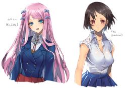 Rule 34 | 2girls, blue eyes, borrowed character, breasts, brown hair, hair ornament, hairpin, long hair, looking at viewer, medium breasts, multiple girls, murata tefu, open mouth, pink hair, red eyes, short hair, simple background, skirt, smile, white background
