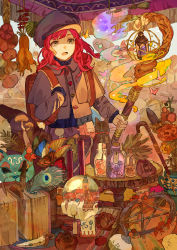Rule 34 | 1girl, absurdres, basket, blue nails, book, broom, buchi (qooo003), bug, butterfly, candle, cane, canopy (shelter), capelet, cat mask, crystal, cup, dagger, day, dress, fang, flower, food, fringe trim, fruit, garlic, glass bottle, grey capelet, grey hat, hanging food, hat, hat ornament, herb, highres, holding, holding staff, insect, jar, knife, lantern, loaded interior, magic, mandrake, market stall, mask, mug, multicolored nails, mushroom, nail polish, open mouth, original, palm leaf, peacock feathers, pentagram, pink hair, plant, potted plant, price tag, red nails, red pepper, severed hand, smoke, snow globe, solo, staff, statue, table, tassel, unworn mask, weapon