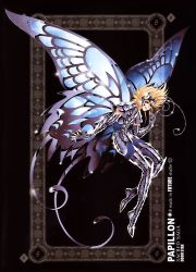 Rule 34 | 1boy, armor, armored boots, black background, blonde hair, boots, butterfly wings, future studio (artist), gauntlets, gloves, highres, insect wings, male focus, open mouth, papillon myu, sacred saga, saint seiya, solo, wings