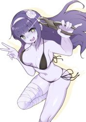 Rule 34 | 1girl, absurdres, bandaged leg, bandages, bikini, black bikini, blunt bangs, breasts, character request, colored skin, commentary request, copyright request, fang, flower, hair flower, hair ornament, hairband, halterneck, highres, jovejun, large breasts, long hair, looking at viewer, mole, mole under mouth, navel, open mouth, pliers, purple eyes, purple hair, purple skin, side-tie bikini bottom, smile, solo, star-shaped pupils, star (symbol), swimsuit, symbol-shaped pupils, teeth, tooth, v, very long hair, white flower