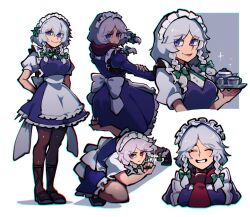Rule 34 | 1girl, black dress, blue eyes, braid, breasts, closed mouth, cup, dress, grey hair, holding, holding tray, iganashi1, izayoi sakuya, looking at viewer, maid, maid headdress, medium breasts, multiple views, red eyes, red scarf, scarf, short hair, side braids, simple background, smile, teacup, teapot, touhou, tray, twin braids, white background