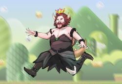 Rule 34 | 1boy, armlet, black dress, black nails, boots, bowsette, bowsette (cosplay), bracelet, brown hair, cosplay, dress, fat, full body, highres, horns, jack black, jewelry, male focus, mario (series), nail polish, new super mario bros. u deluxe, nintendo, obese, real life, running, solo, spiked armlet, spiked bracelet, spikes, strapless, strapless dress, super crown, tectiger vh, teeth, the super mario bros. movie, tongue