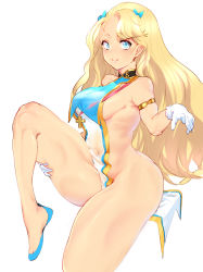 Rule 34 | 1girl, absurdres, armlet, azur lane, bad id, bad pixiv id, blonde hair, blue bow, blue eyes, blue footwear, blush, bow, breasts, closed mouth, covered navel, cross, emile bertin (azur lane), forehead, foreshortening, from side, gloves, hair bow, hand on own thigh, highres, hitobashira (1746164306), knee up, large breasts, long hair, looking at viewer, naked tabard, sideboob, simple background, sitting, skindentation, smile, solo, swept bangs, tabard, thick thighs, thighs, white background, white gloves