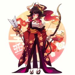 Rule 34 | 1girl, animal ears, arrow (projectile), bell, black footwear, black hair, blush, bow (weapon), breasts, brown eyes, cleavage, closed mouth, collarbone, cow ears, cow girl, earrings, full body, gradient hair, highres, holding, holding arrow, holding bow (weapon), holding weapon, horns, jewelry, large breasts, littlecloudie, long hair, looking at viewer, multicolored hair, neck bell, original, red hair, sandals, sarashi, smile, socks, solo, weapon, white socks