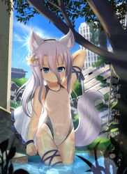 Rule 34 | 1girl, absurdres, animal ear fluff, animal ears, backlighting, blue eyes, blue sky, building, cloud, competition swimsuit, cowboy shot, day, flat chest, flower, fox ears, fox tail, grey hair, hair between eyes, hair flower, hair ornament, highleg, highleg swimsuit, highres, hotel01, looking at viewer, nature, one-piece swimsuit, original, outdoors, ruins, sky, solo, swimsuit, tail, tan, tanline, wading, water, white one-piece swimsuit