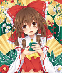 Rule 34 | 1girl, :d, ascot, bad id, bad pixiv id, bow, brown eyes, brown hair, camellia, cookie (touhou), cup, detached sleeves, hand fan, fingernails, flower, folding fan, hair bow, hair tubes, hakurei reimu, highres, kadomatsu, kitou kaitai, long sleeves, looking at viewer, midriff, navel, open mouth, shirt, smile, solo, touhou, upper body, wide sleeves
