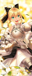 Rule 34 | 1girl, :d, ahoge, armor, armored boots, armored dress, artist name, artoria pendragon (all), artoria pendragon (fate), bad id, bad pixiv id, black bow, blonde hair, boots, bow, briska, detached sleeves, dress, fate/unlimited codes, fate (series), flower, gautnlt, green eyes, hair between eyes, hair bow, holding, holding sword, holding weapon, long hair, open mouth, ponytail, saber lily, sleeveless, sleeveless dress, smile, solo, sword, weapon, white dress, white flower, white legwear