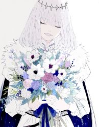 Rule 34 | 1boy, ^ ^, blue eyes, blue flower, bouquet, cloak, closed eyes, commentary request, crown, diamond hairband, fate/grand order, fate (series), flower, fur-trimmed cloak, fur collar, fur trim, gradient background, highres, holding, holding bouquet, holding flower, long sleeves, male focus, medium hair, negi0084, no wings, oberon (fate), official alternate costume, open mouth, pink flower, puffy sleeves, purple flower, smile, solo, upper body, white cloak, white flower, white hair