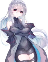 Rule 34 | 1girl, absurdres, arknights, arm cuffs, arm under breasts, ascot, bare shoulders, black ascot, black dress, black pants, clothing cutout, commentary, cowboy shot, dress, highres, infection monitor (arknights), long hair, looking at viewer, no headwear, open mouth, pants, simple background, skadi (arknights), sleeveless, sleeveless dress, thigh cutout, thigh strap, very long hair, white background, yuzusawa oekaki