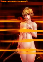 Rule 34 | 2016, artist name, bags under eyes, bar censor, blonde hair, breasts, casual, censored, collarbone, female focus, heather mason, karosu maker, looking at viewer, nude, pale skin, patreon username, silent hill, solo, watch, watermark, weapon, web address, wristwatch, yellow eyes