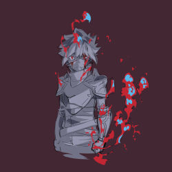 Rule 34 | 1boy, aoki ken&#039;ichirou, armor, bell cranel, blood, blue fire, closed mouth, cuts, dungeon ni deai wo motomeru no wa machigatteiru darou ka, fire, gauntlets, greyscale with colored background, highres, injury, looking at viewer, red background, red eyes, short hair, solo